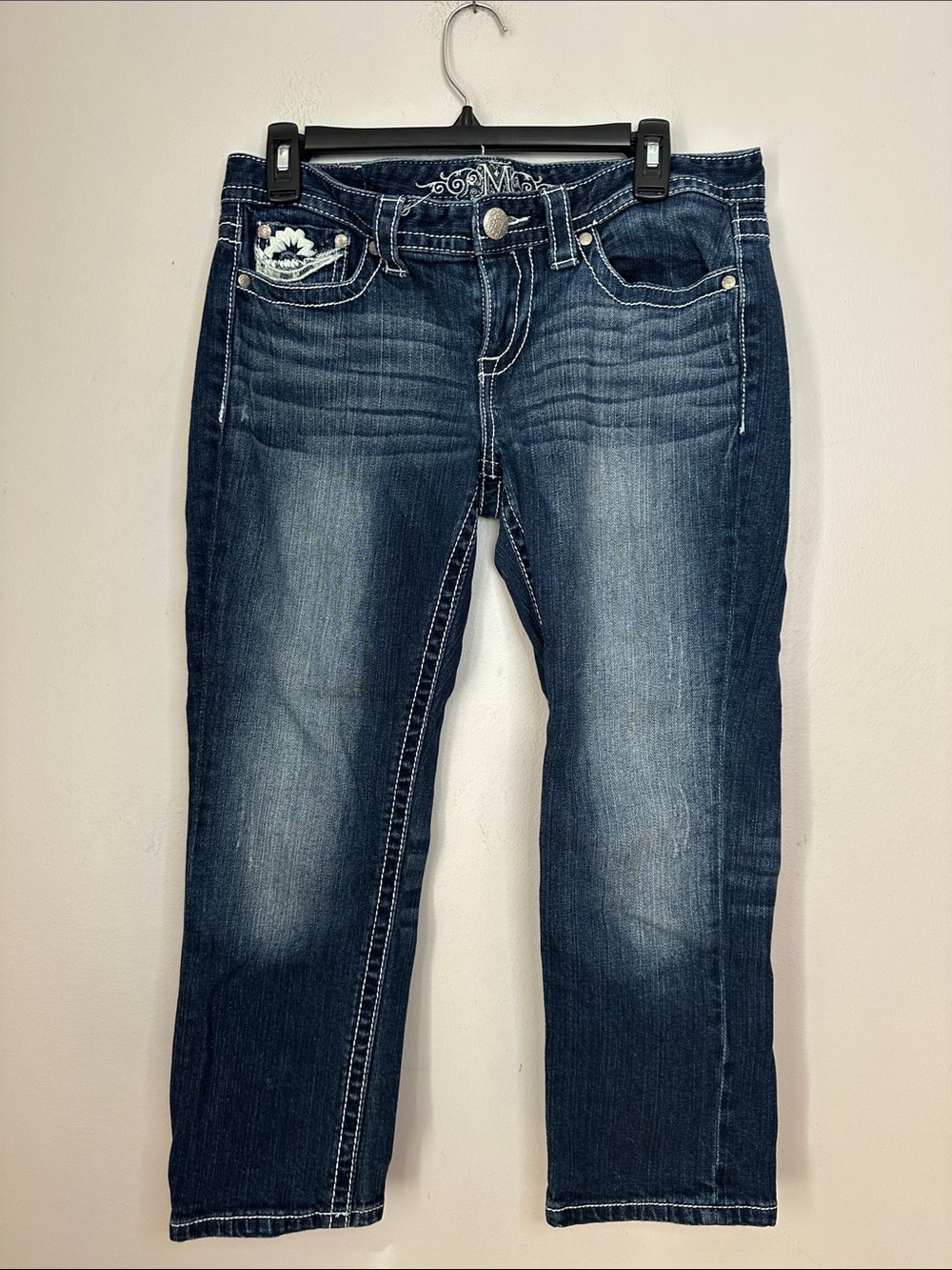 Maurices Dark Blue Cropped Women's Jeans with Embroidered Pocket